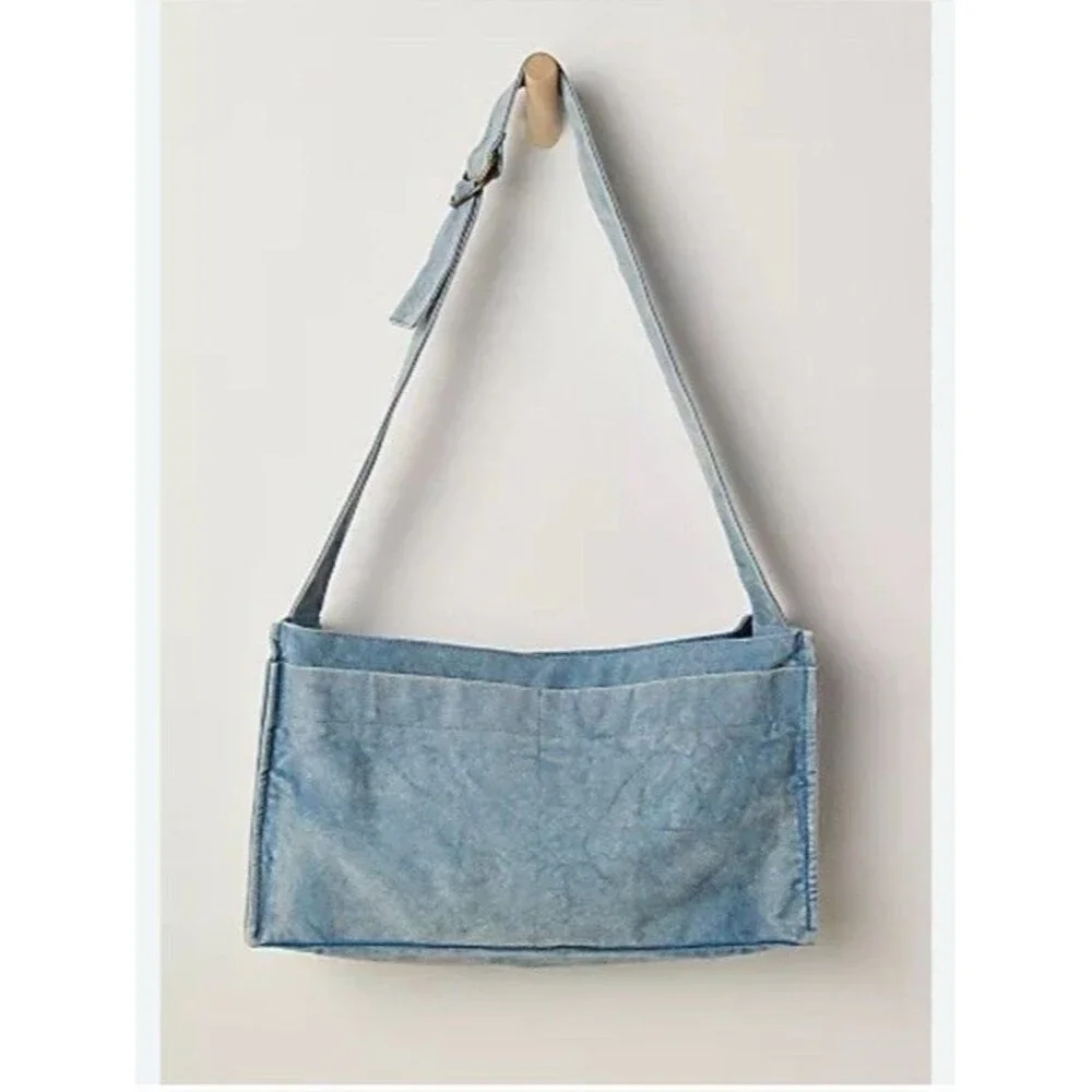 Free People Denim Shoulder Crossbody Bag Adjustable Strap Cotton Blue OS 289480 - Picture 2 of 2